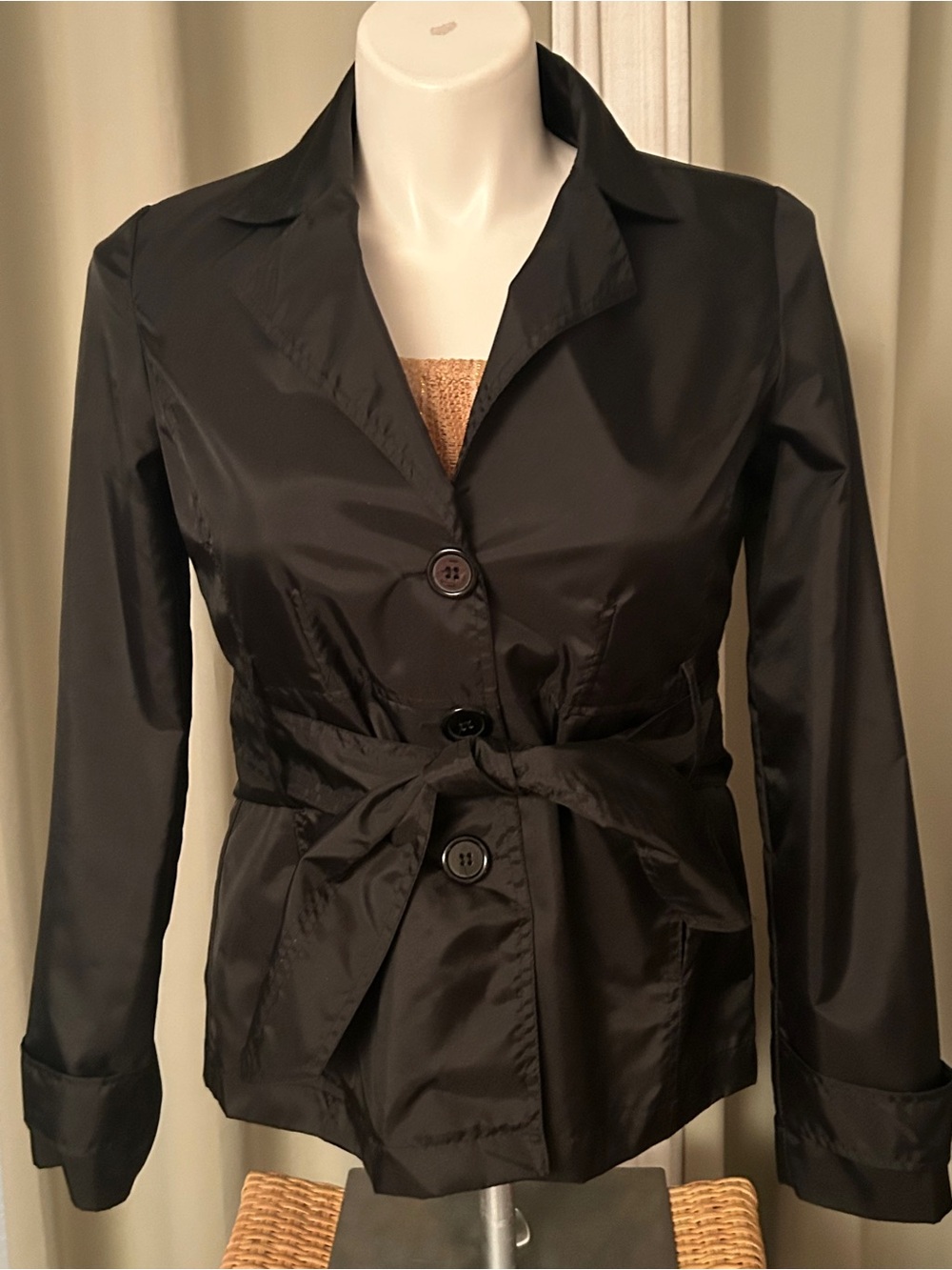 Classic Black Belted Trench Coat Jacket by 77